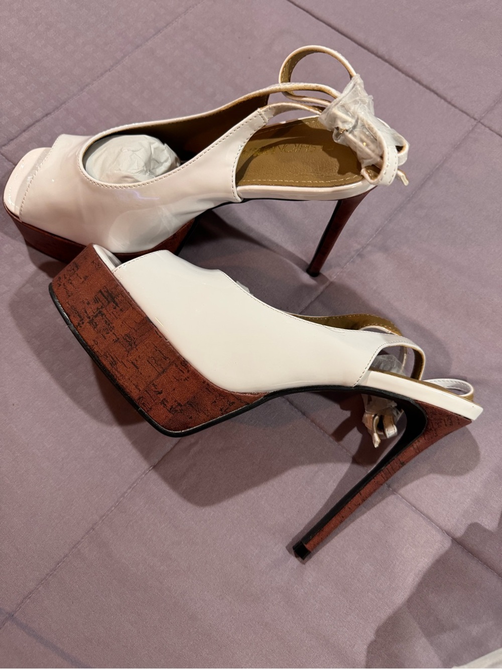Fashion Nova White Platform Slingback Heels with Wood-Textured Platform